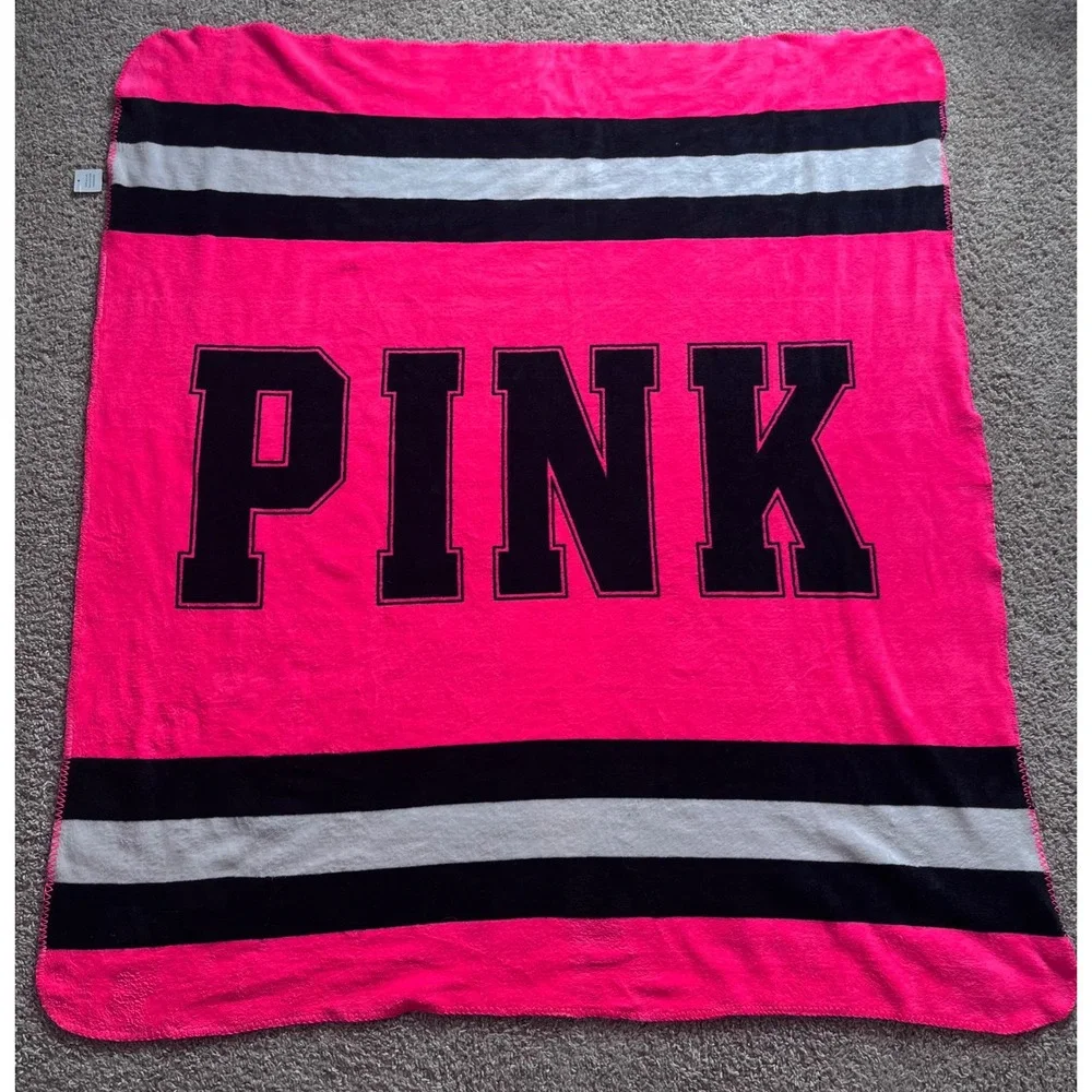Victoria's Secret PINK Fleece Throw Blanket Neon Pink Black White Striped 50x60
